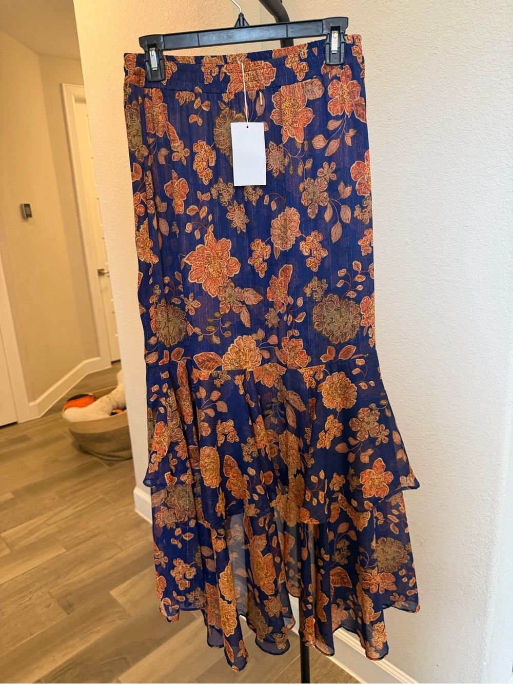 NWT MISA Los Angeles Front Slit High-Low Ruffle Maxi Skirt Metallic Floral M
